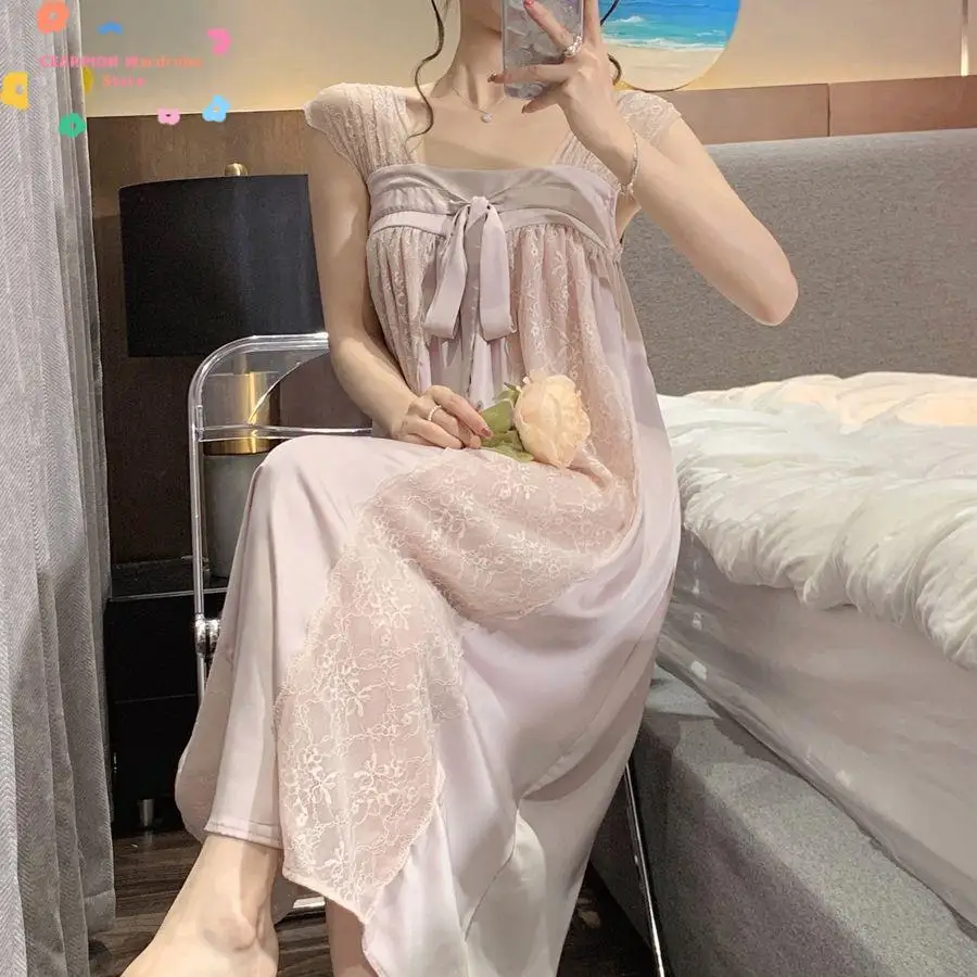 Purple Mesh Spaghetti Strap Women Princess Dress Vintage Lace Embroidered Homewear Fairy Hanfu Nightgown Sweet Bow Sleepshirt