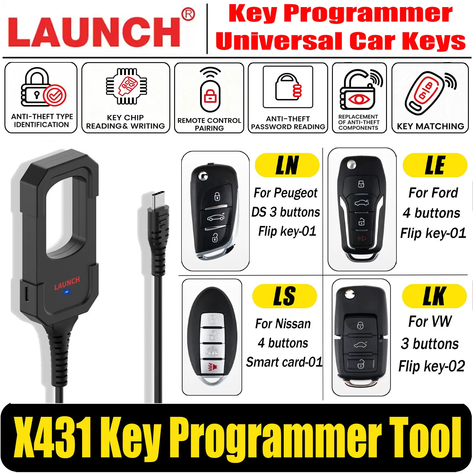 Launch X431 Key Programmer Tool with Remote Smart Keys IMMO Programmer Tool Work for X431 IMMO ELITE, IMMO PLUS, PAD V, PAD VI