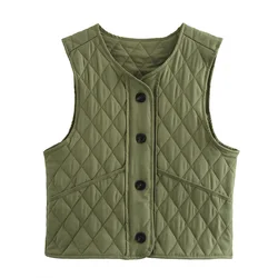 ZATT 2024 Autumn New Collection Vintage Loose Casual Easy Match Sleeveless Single Breasted Quilting Cotton Women Vest Coat