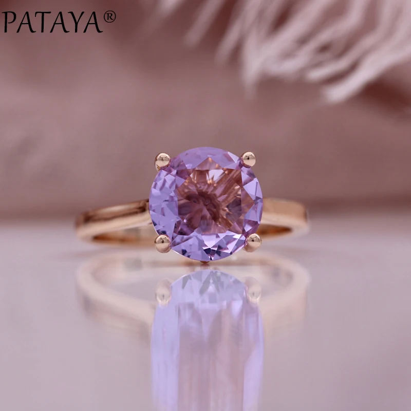 PATAYA 2023 New Purple Zircon Earrings Ring Set For Woman 585 Rose Gold Color Fashion Jewelry Party Wedding Sets Gifts