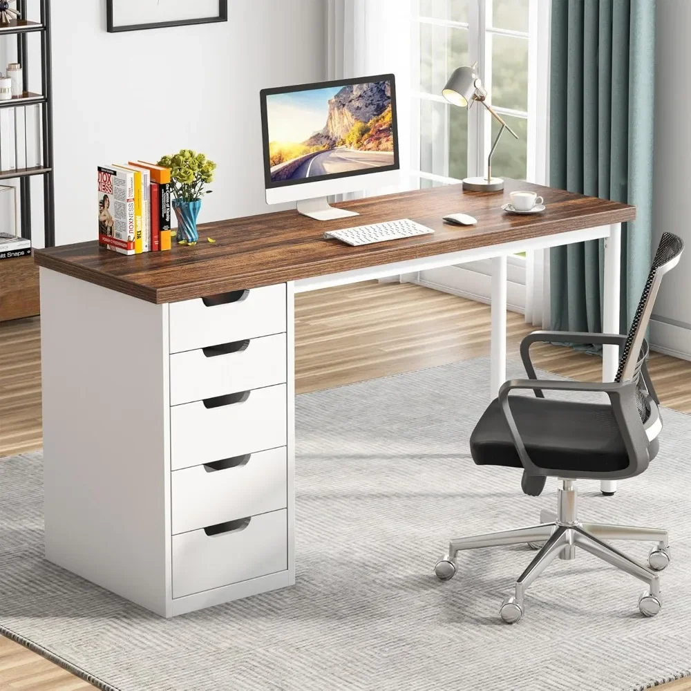 Computer Desk with 5 Drawers, 47 inches Rustic Brown Home Office Desk with Storage, Modern Simple Laptop Desk Study Writing