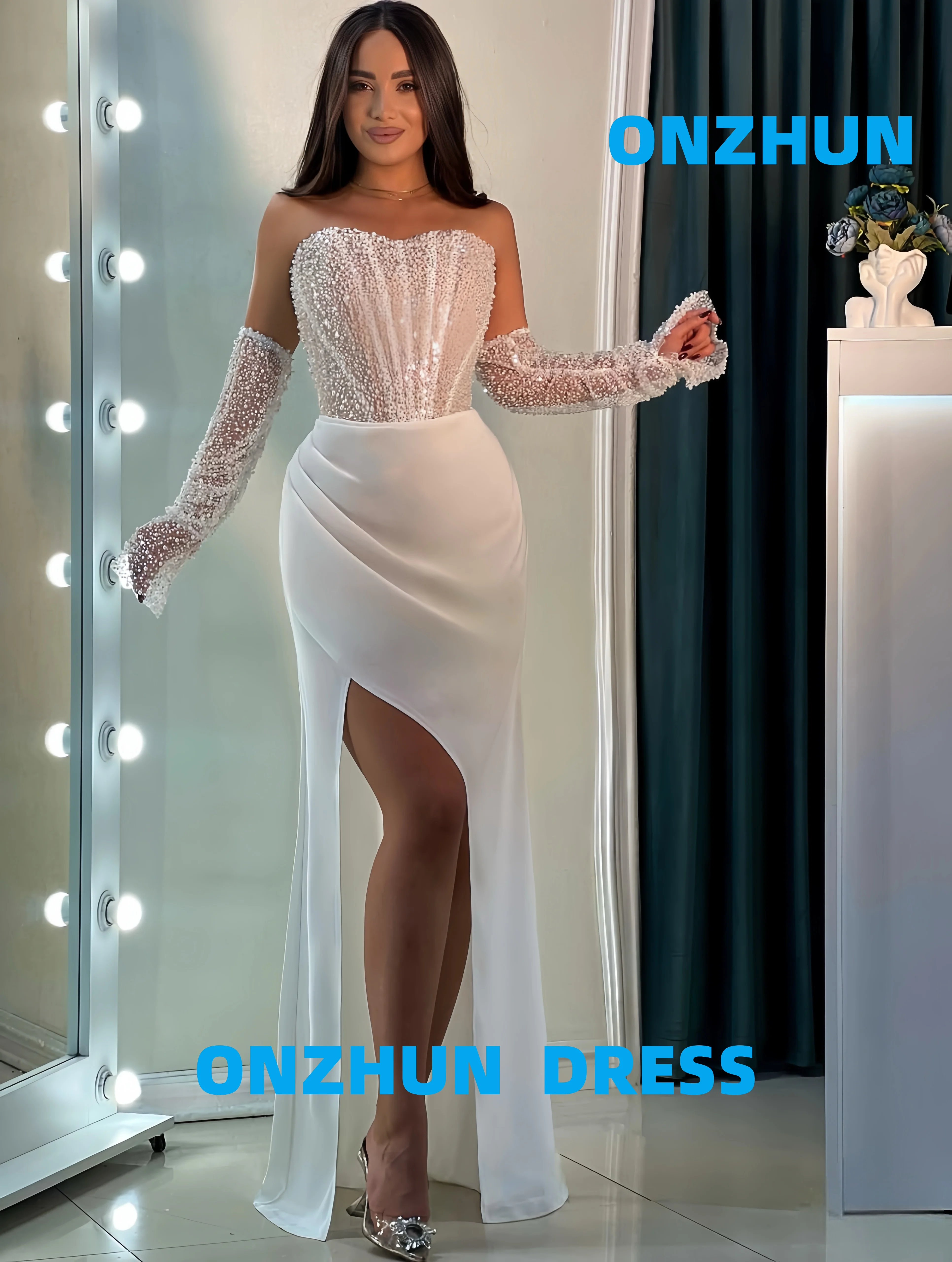 فساتين سهرة فاخرة مثيرة مخصصة بدون حمالات وأكمام طويلة على شكل حرف A فساتين سهرة نسائية فساتين سهرة عصرية #1