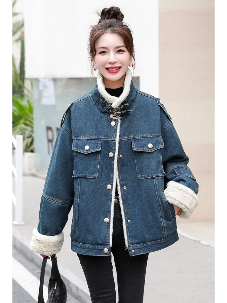 

Thickened Fleece Denim Jacket Women's Autumn Winter Fashionable Versatile Loose Woolen Velvet Parka Cotton Coat Korean Style