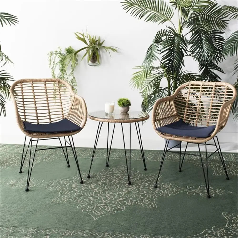 3-Piece Rattan Patio Sofa Set, Outdoor Wicker Furniture, Durable Seating for Backyard Garden, Brown Navy, Customized