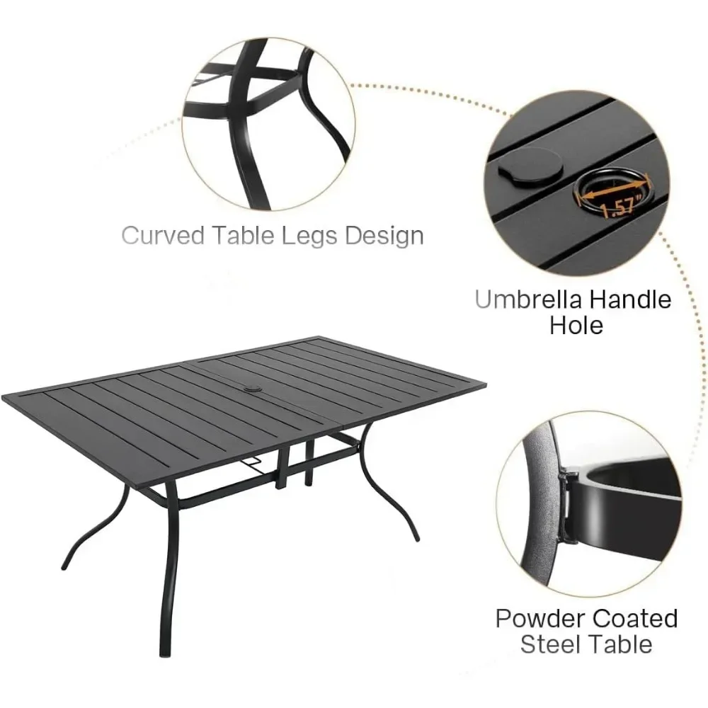 Ensemble de salle à manger d'extérieur pour 6 chaises en métal, table à manger rectangulaire avec trou de parapluie de 1.57 ", meubles de patio