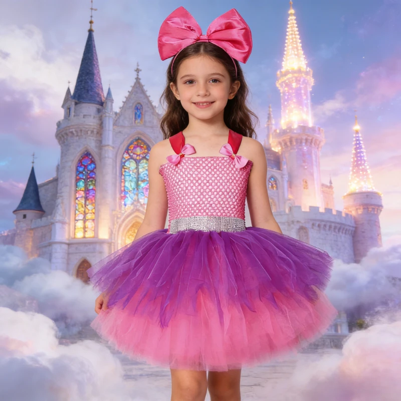 Purple Hot Pink Fluffy Layered Dresses for Girls Birthday Party Outfit with Big Bowknot Headband Kids 3 Layers Princess Clothes