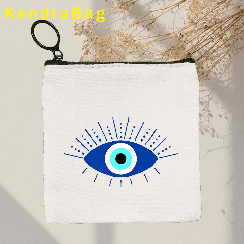 Greek Turkish Colorful Nazar Blue Evil Eye Protection Love Heart Mandala Key Coin Purse Canvas Bag Case Pouch Wallet Zipper Gift