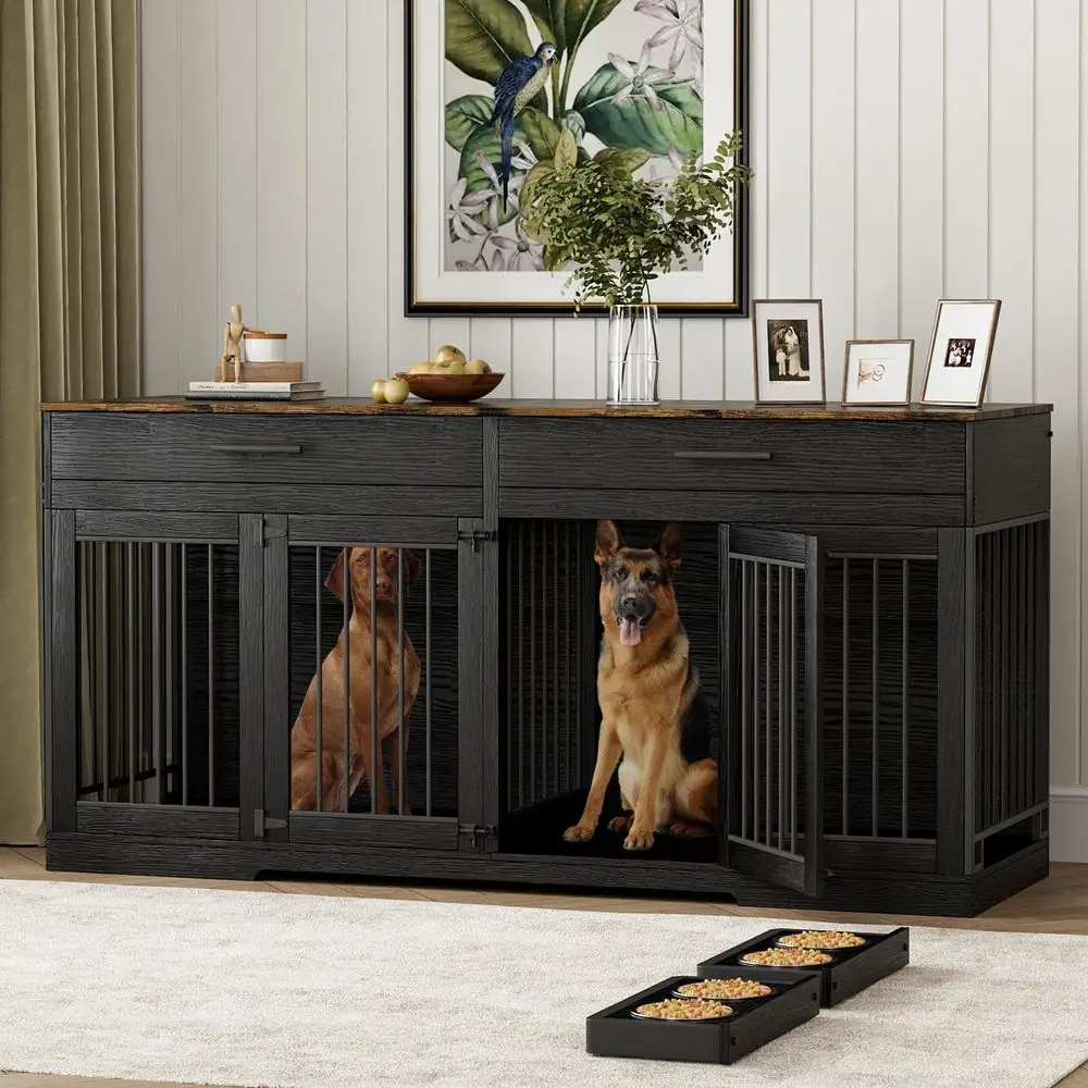 

Large Wooden Dog Kennel with Storage & Bowls, Removable Divider, Ideal for 2 Dogs or Medium-Sized Canines, Black
