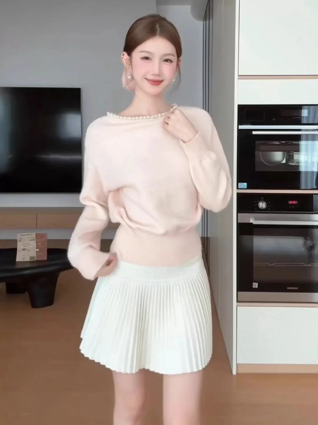 

Pink Knitted Sweater Women's Slim Fit Pearl Decorated round Ne Knitwear Soft Sle Commute Autumn Winter Faion Casual