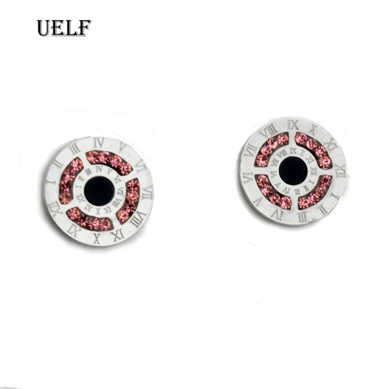 Uelf Top Brand Pink Color Roman Numerals Zircon Stud Earring for Woman 316L Stainless Steel Fashion Jewelry Never Fade