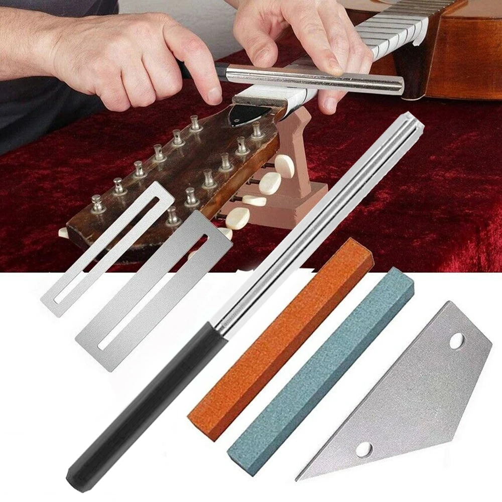 6Pcs Guitar Luthier Tool Kit with Fret Crowning File, 2 Fingerboard Guards, Fret Rocker, Orange Grinding Stone, Green Grinding