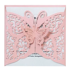 25pcs Pop Up Pink Butterfly Wedding Invitations Customize Print Sweet 15 Invite Card for XV Quinceneara Birthday Baptism, IC168