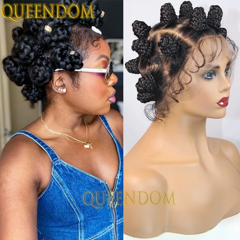 Full Lace Synthetic Heat Resistant Braid Wig Knotless Bantu Knots Braided Wigs For Black Women Distressed Crochet Box Braids Wig