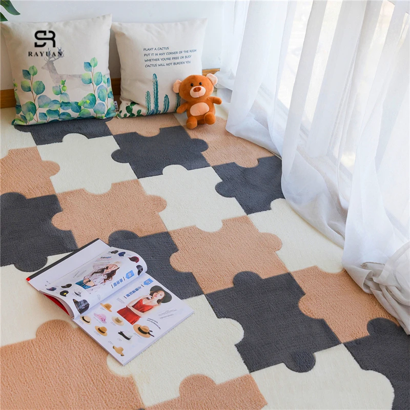 RAYUAN Plush Self Adhesive DIY Puzzle Mat Carpet Mat Children Pets Safe Baby Playmat Self-adhesive Rug Carpets