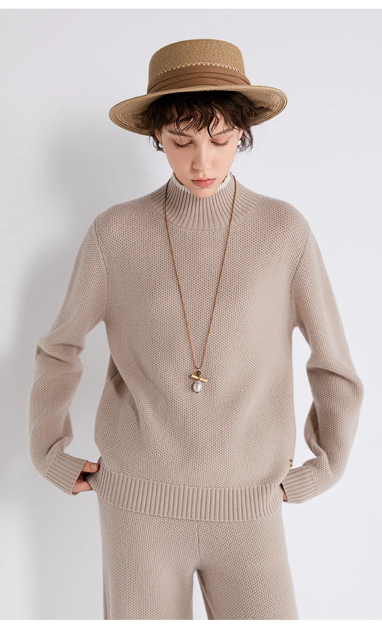 TX862184 Damen-Woll-Kaschmir-Mischung Pullover mit Stehkragen, geripptem Saum, entspannter Passform, LP Quiet Luxury, Frühherbst – Detail 4