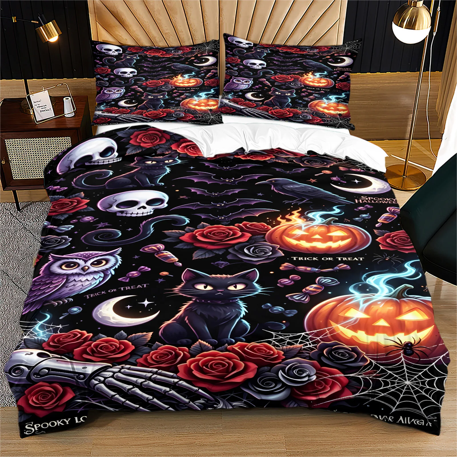 Halloween Duvet Cover Set Black Cat Pumpkin Skull Rose Bedding Set Gothic Bat Owl Crow Spider Bed Cover Pillowcase Home Decor