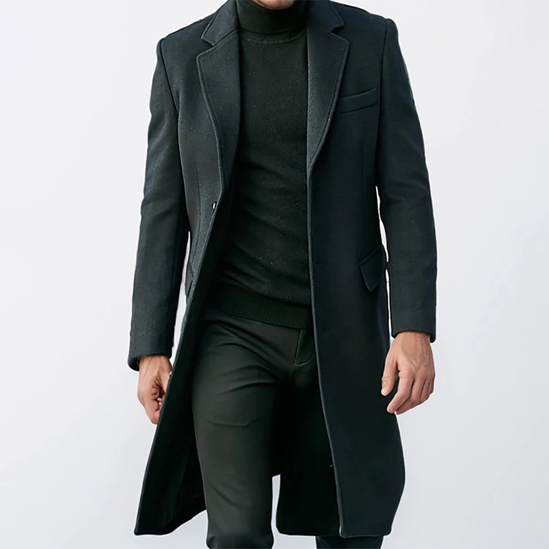 Men s Classic Wool Blend Overcoat with Notched Lapel and Single Button Closure Winter Long Coat with  Fit Design and Solid