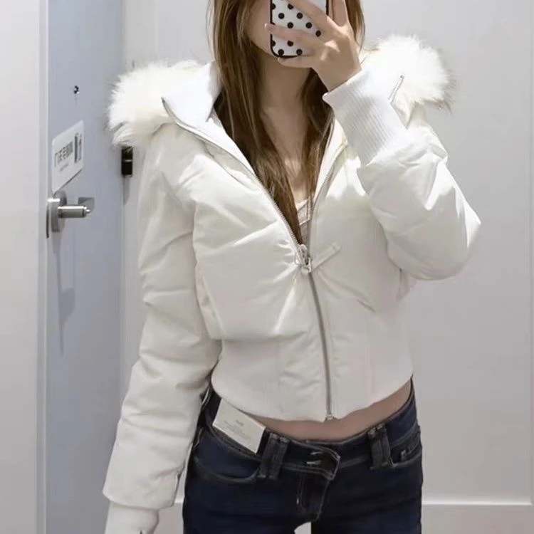 Winter Thickened down Cotton Jacket Women's Waist-Cinching Short Bread Style Coat with Fur Collar Zipper Closure Long Sleeve