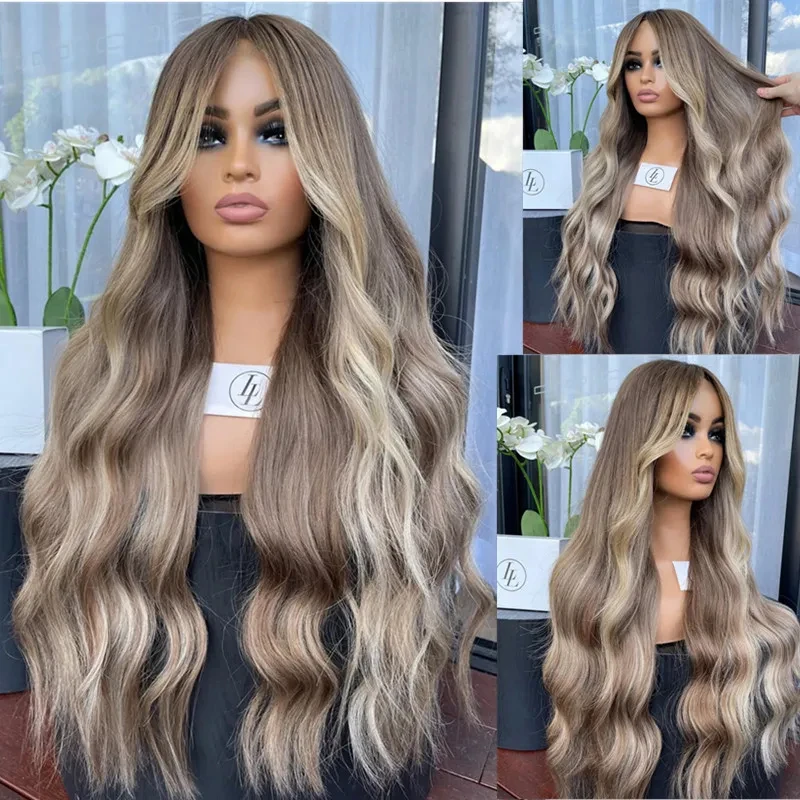 Hochwertige Perücke 13x4 Ombre Aschblond Braun Synthetische HD Lace Front Perücke für Weiße und Schwarze Frauen 26 Zoll Natürliche Welle Klebefreie Perücke