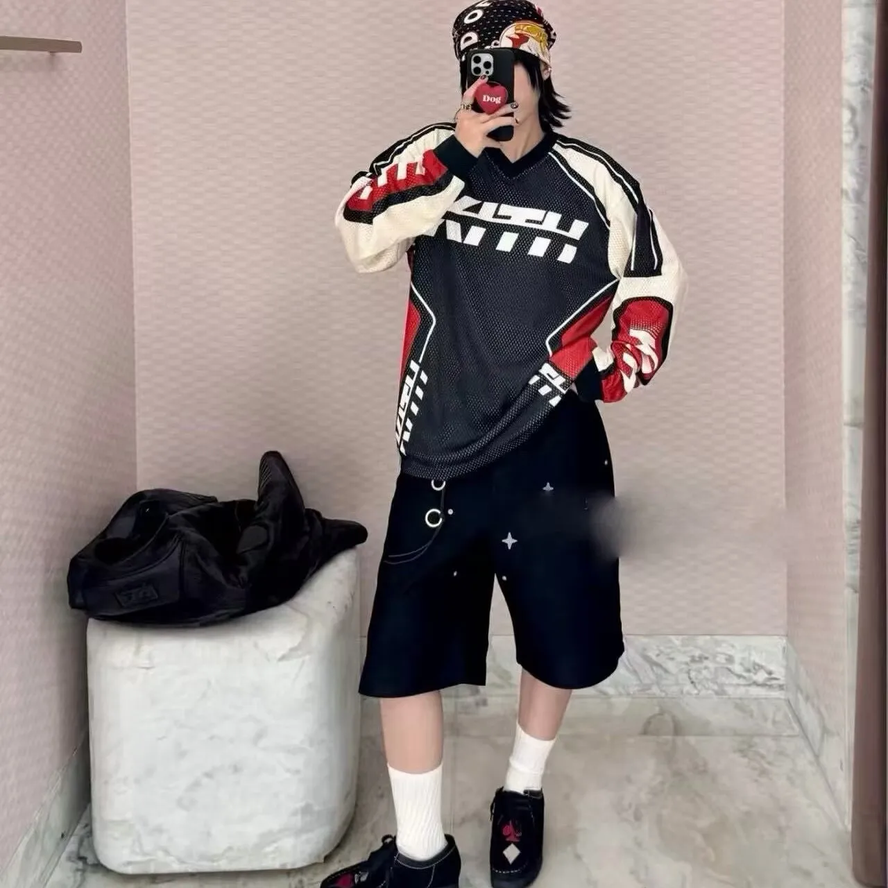 KITH MOTO Long Sleeve T-Shirt Letter Print Patchwork Motorcycle Racing Retro Style Breathable Skin-friendly Durable Men's Top