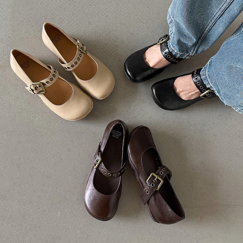 2026 new spring autumn women pumps natural leather 22-25cm cowhide+sheepskin+pigskin round toe buckle mary janes women shoes