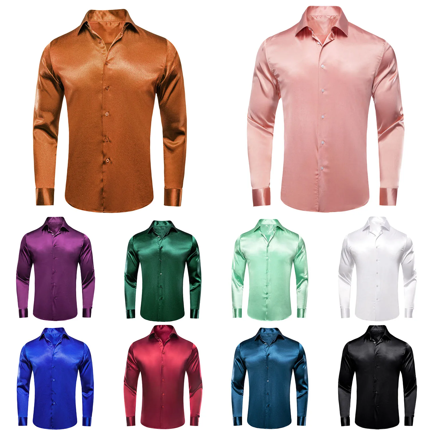 Hi-Tie Silk Men\'s Shirts Light Brown Spring Autumn Long Sleeve Turndown Collar High Quality Solid Shirt Wedding Business Party