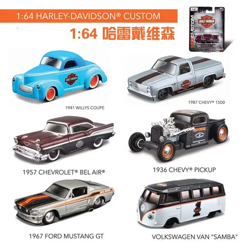 1:64 Harley-davidson WILLYS 1987 Chevy 1500 1967 Ford Mustang Van Samba Simulering Legeringsbil Modell Leksakssamling Utställningsdel 10 best sales Chevy-leksak - №2