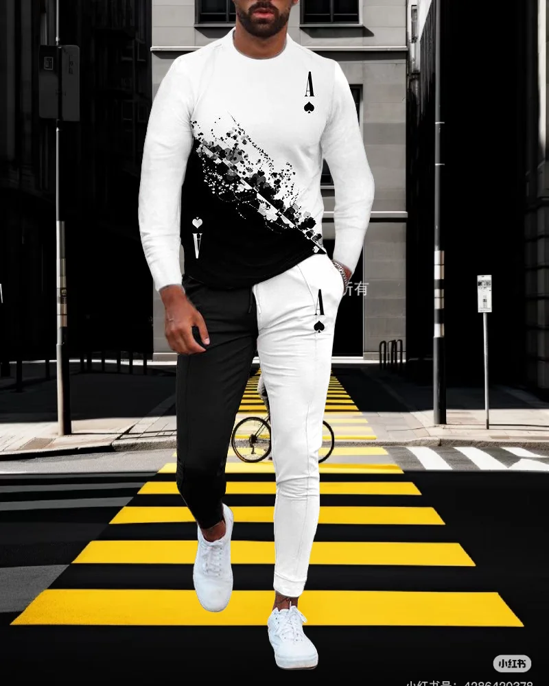 

2025 весенне-осенняя мода, индивидуальный покерный принт, мужские брюки с длинными рукавами для взрослых, повседневный спортивный костюм для отдыха, подростков, трендовый костюм
