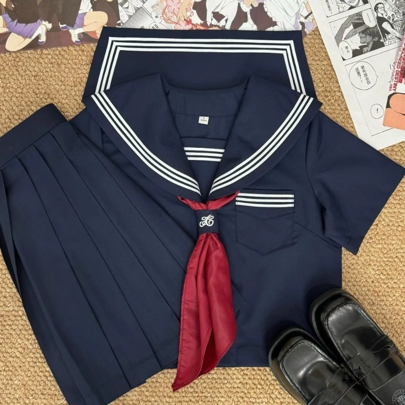 Neue authentische japanische JK-Uniform, Matrosenanzug, dunkelblau, drei Streifen, klassischer Basic-Stil, Schulmädchen-Kostüm-Set