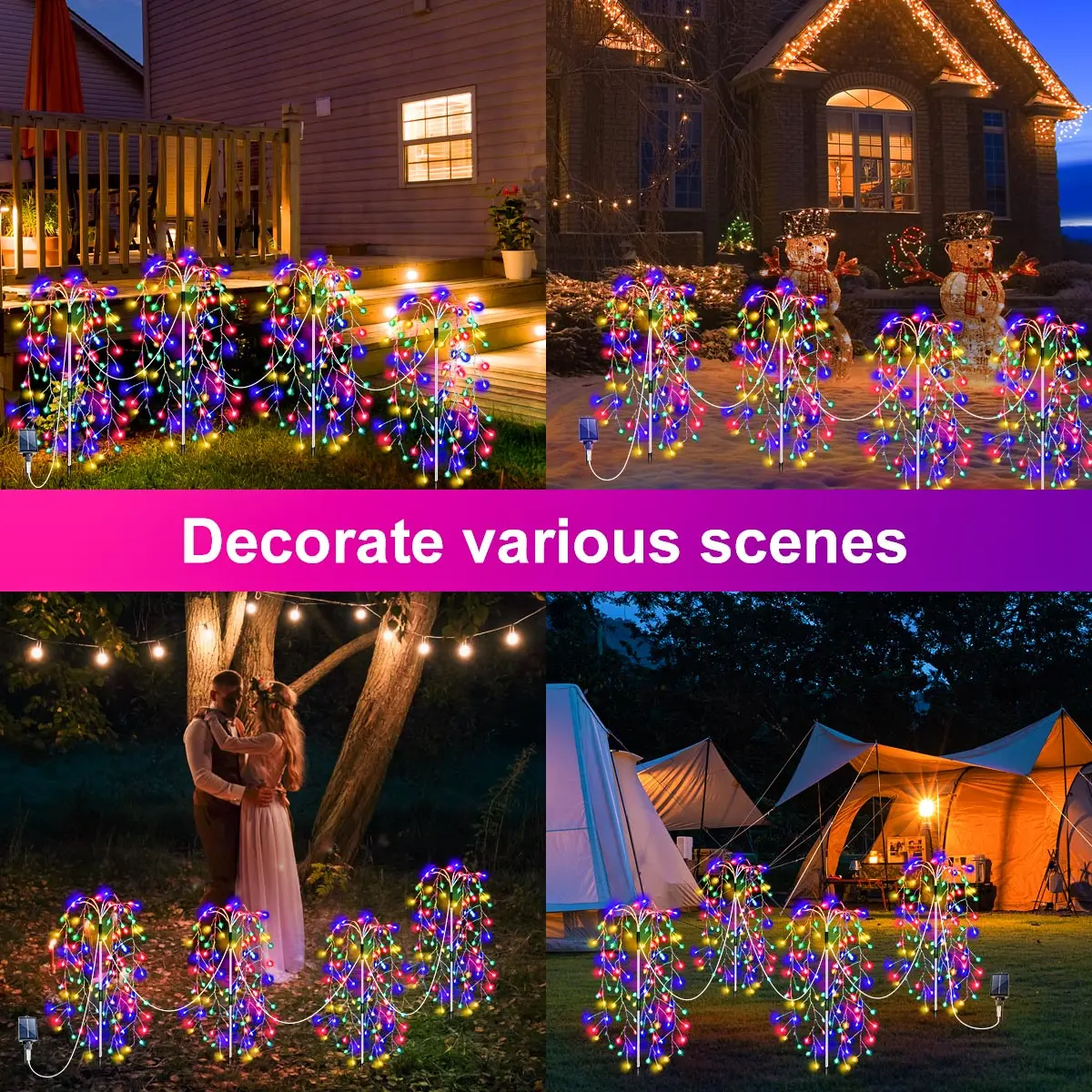 Feux d'artifice à énergie solaire, 4 pièces, 8 Modes d'éclairage, décoration extérieure de jardin, lumières féeriques pour Camping, mariage, cour, noël