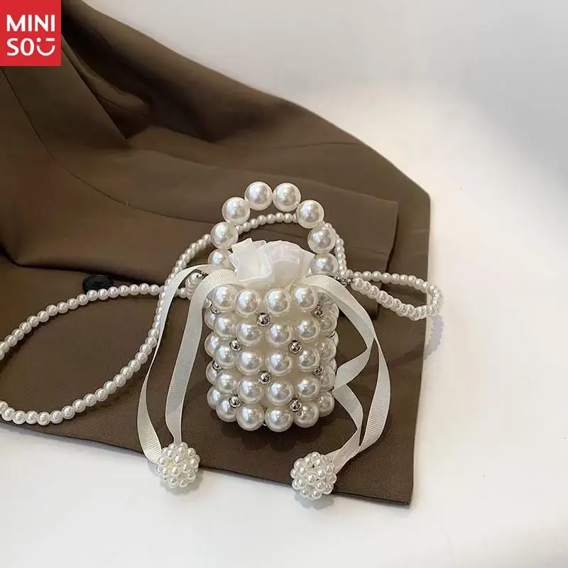 

Miniso Pearl Embellished Bucket Bag, Unique Chain Strap Crossbody & Top Handle Retro Purse