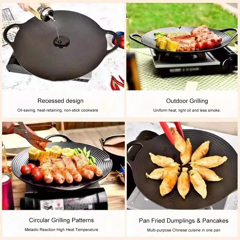 Plancha para barbacoa de 11,8/13,8/14,6 pulgadas con asas, plancha redonda de hierro fundido, bandeja antiadherente para hornear para asar en interiores o exteriores