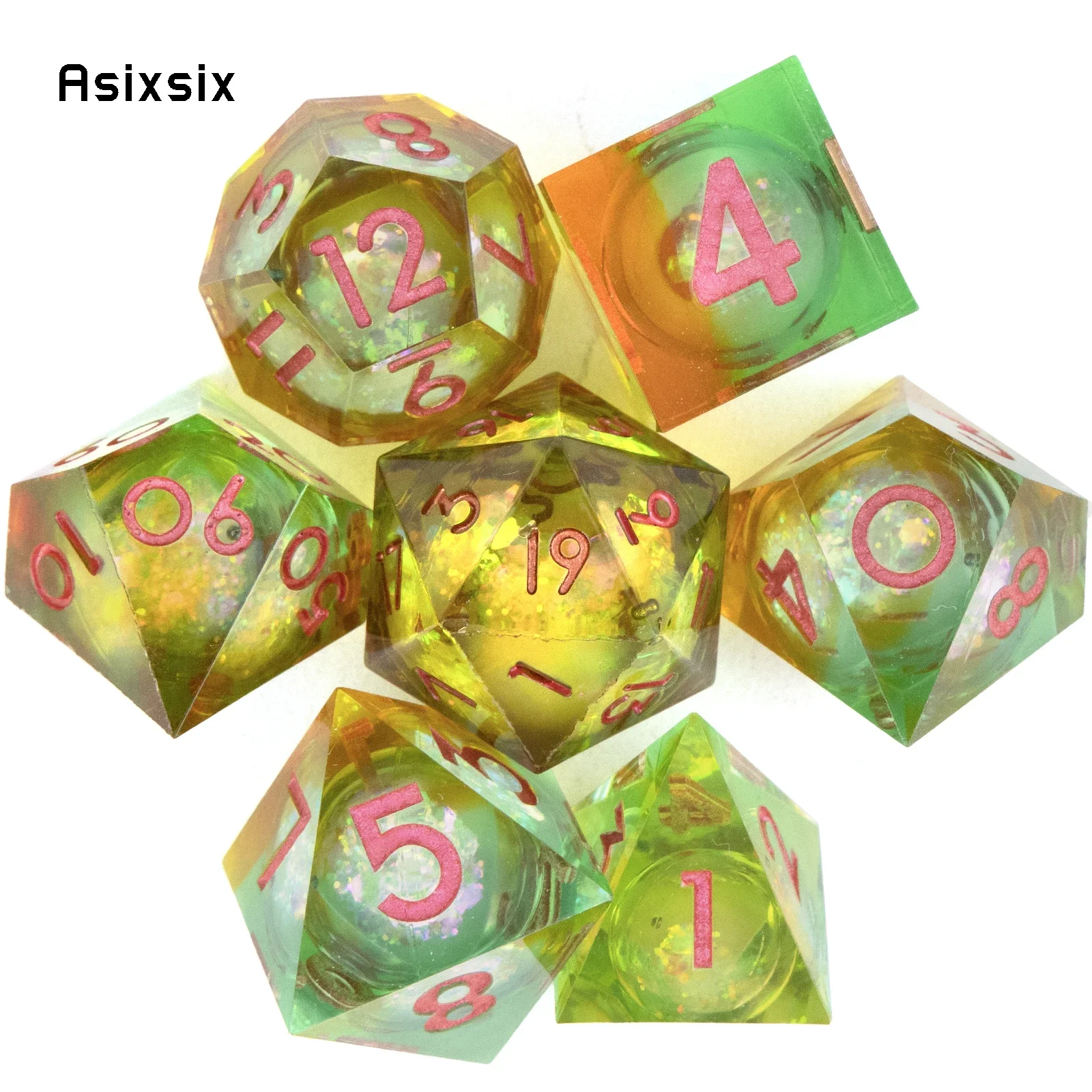 

7 Pcs Red Green Flowing Sand White Number Sharp Edge Resin Dice Polyhedral Dice Suitable For Role-Playing RPGGift