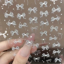 1pcs 5D White Lace Bowknot Nail Art Sticker Sweet Pearl Bow Ribbon Self-Adhesive Nail Slider DIY Luxury Nail Decorations Decals