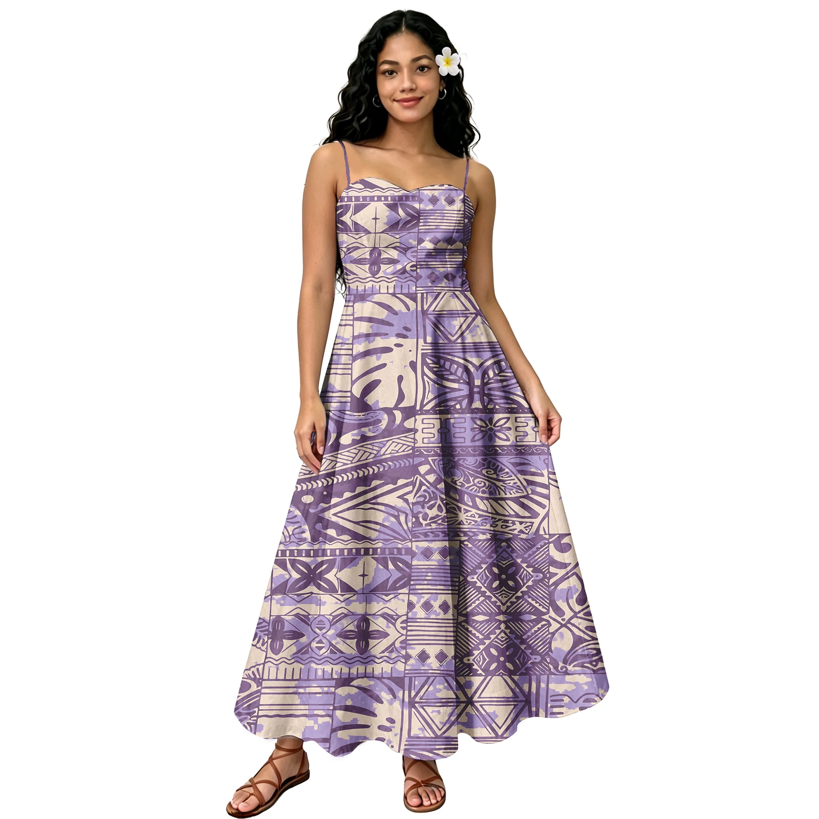 Plus Size Women's Custom Party Holiday Clothes Sweetheart Neckline Samoan Holiday Tribal Ladies Long Dress Sling Hawaiian Dress
