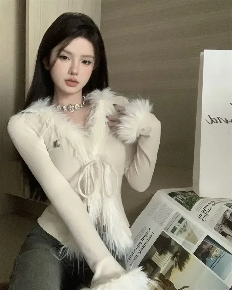 Fur Knitted Cardigan Women Furry Collar Outfit Cropped Fashion Hot Girls Popular Y2k Tops Autumn Korean Reviews Many Clothes