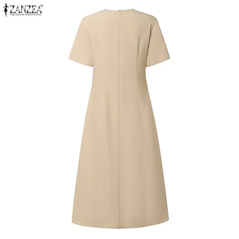 ZANZEA Damen-Kleid, elegant, schick, plissiert, Midikleid, Sommerkleid, stilvoll, O-Ausschnitt, kurzärmelig, A-Linie, OL-Arbeitskleider, einfarbig, Vestidos – Detail 11