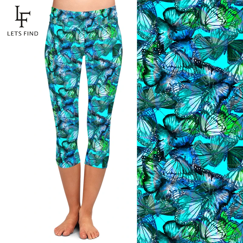 LETSFIND 2020 New High Quaility Women Capri Leggings Blue Butterflies Print High Waist  Fitness Soft Mid-Calf Leggings