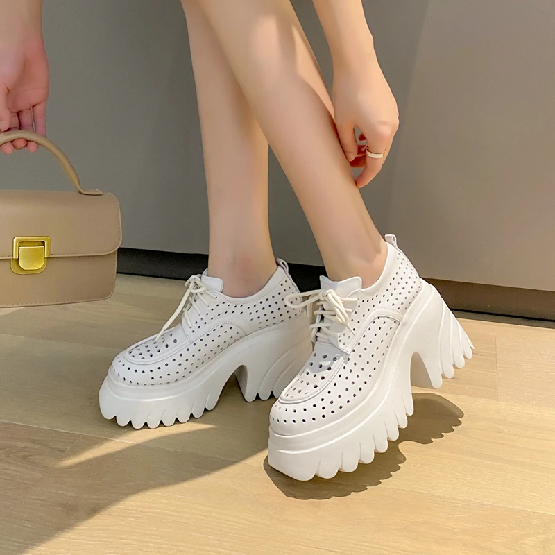 Cow Leather Lace Up Summer Shoes Round Toe Ins Block Heels Rock Punk Design European Design Women's Hollow Cutout FootWear Pumps