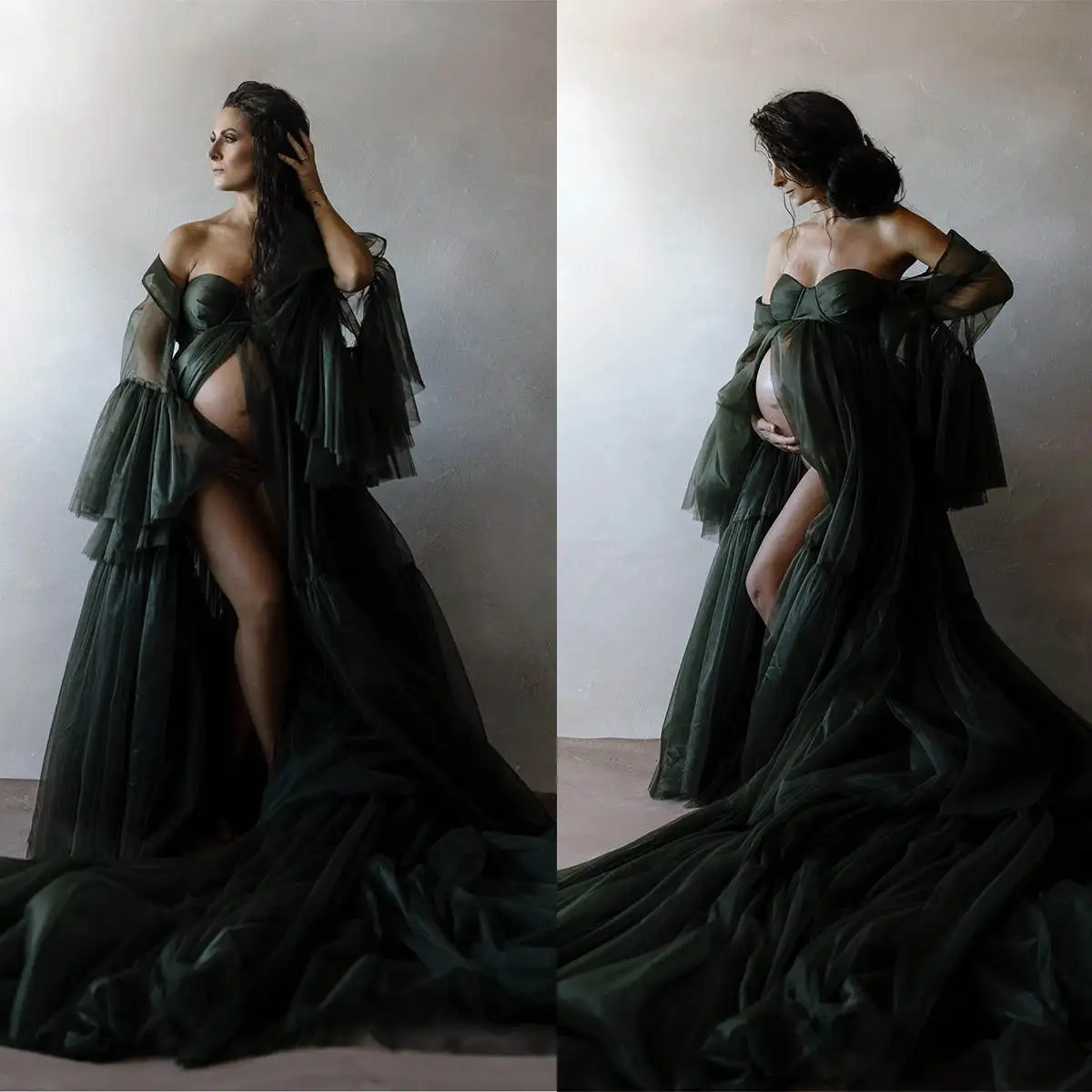 

Illusion Maternity Dresses Pregnant Draped Off Shoulder Long Sleeve Women Bathrobe High Split Robe Customized Evening Dress