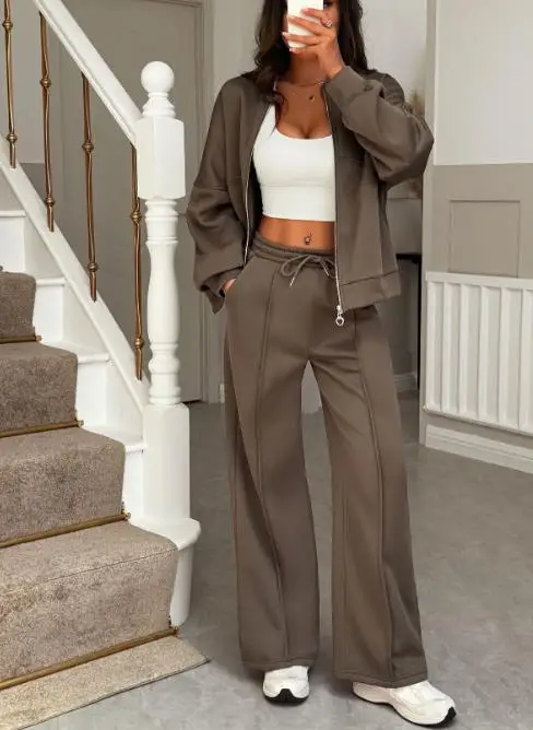 

Women's 2-Piece Set Spring Autumn Casual Sports Style Solid Color Round Neck Loose Long Sleeved Jacket Straight Leg Pants Set