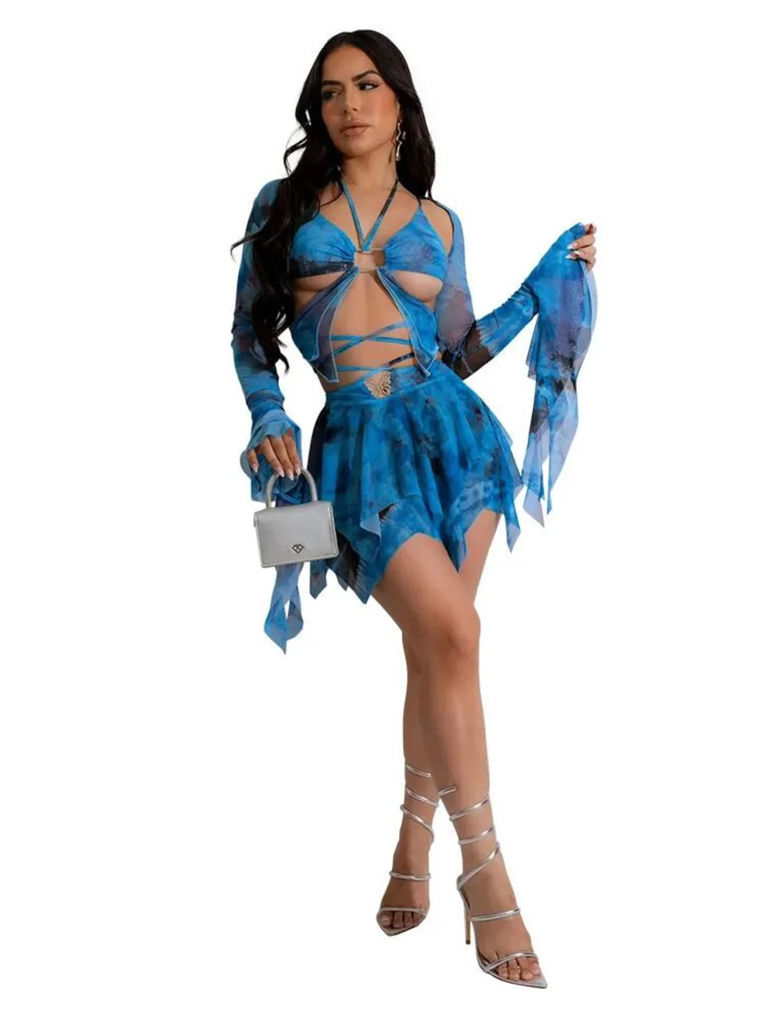 

Women’s Tie-Dye Jazz Dance Outfit – Hollow-Out Flare Sleeve Top and Loose Skirt Set for Stage Performance