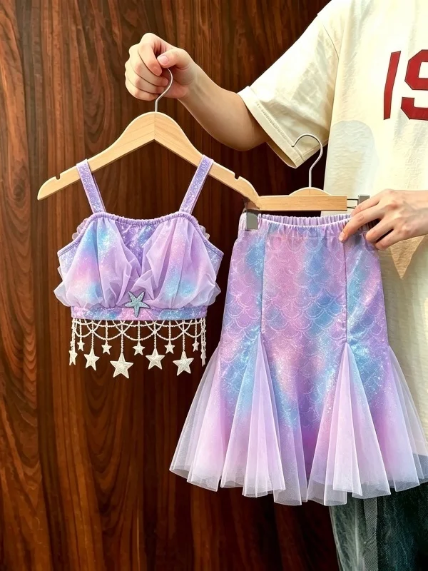 Traje de Baño de Dos Piezas con Borlas Sweet Star para Niñas, Traje de Baño de Sirena a la Moda para Jóvenes, Exclusivo en Línea