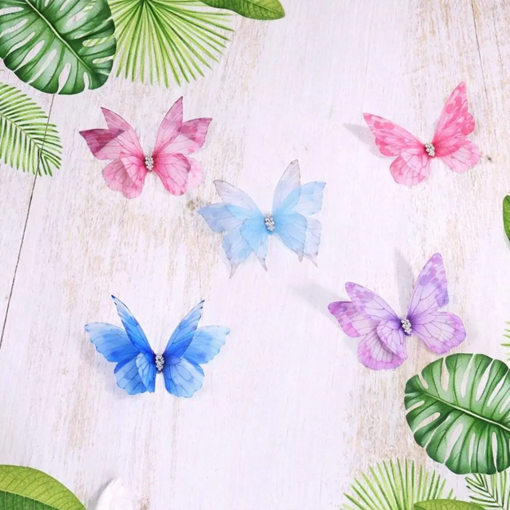 50Pcs 3D Organza Fabric Butterfly Appliques Colorful Translucent Chiffon Butterfly Embroidered Patches Double-layer