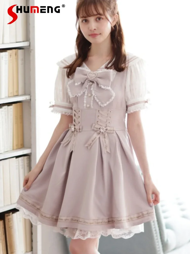 

Japanese Lolita Sweet Bow Midi Dress Woman Cute Girl Sailor Collar Lapel Strap Mine Mass-Produced Short Sleeve Dresses Female