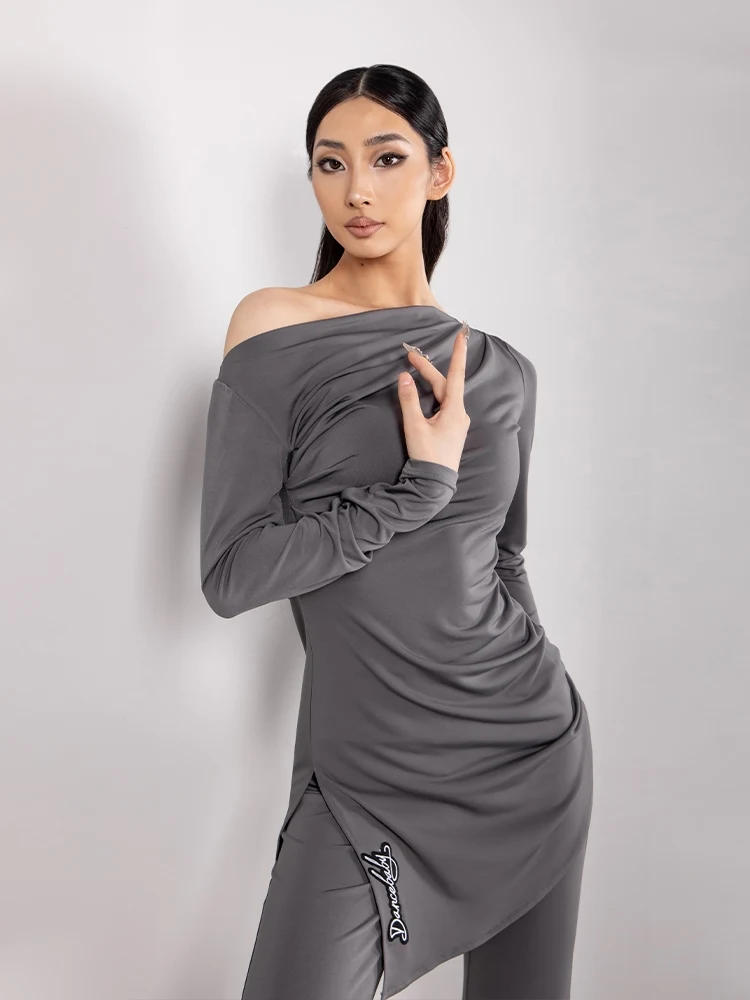 2024 Women Ballroom Dance Clothes Winter Long Sleeves Tops Pants Rumba Latin Dance Practice Wear Gray Latin Trousers BL13491