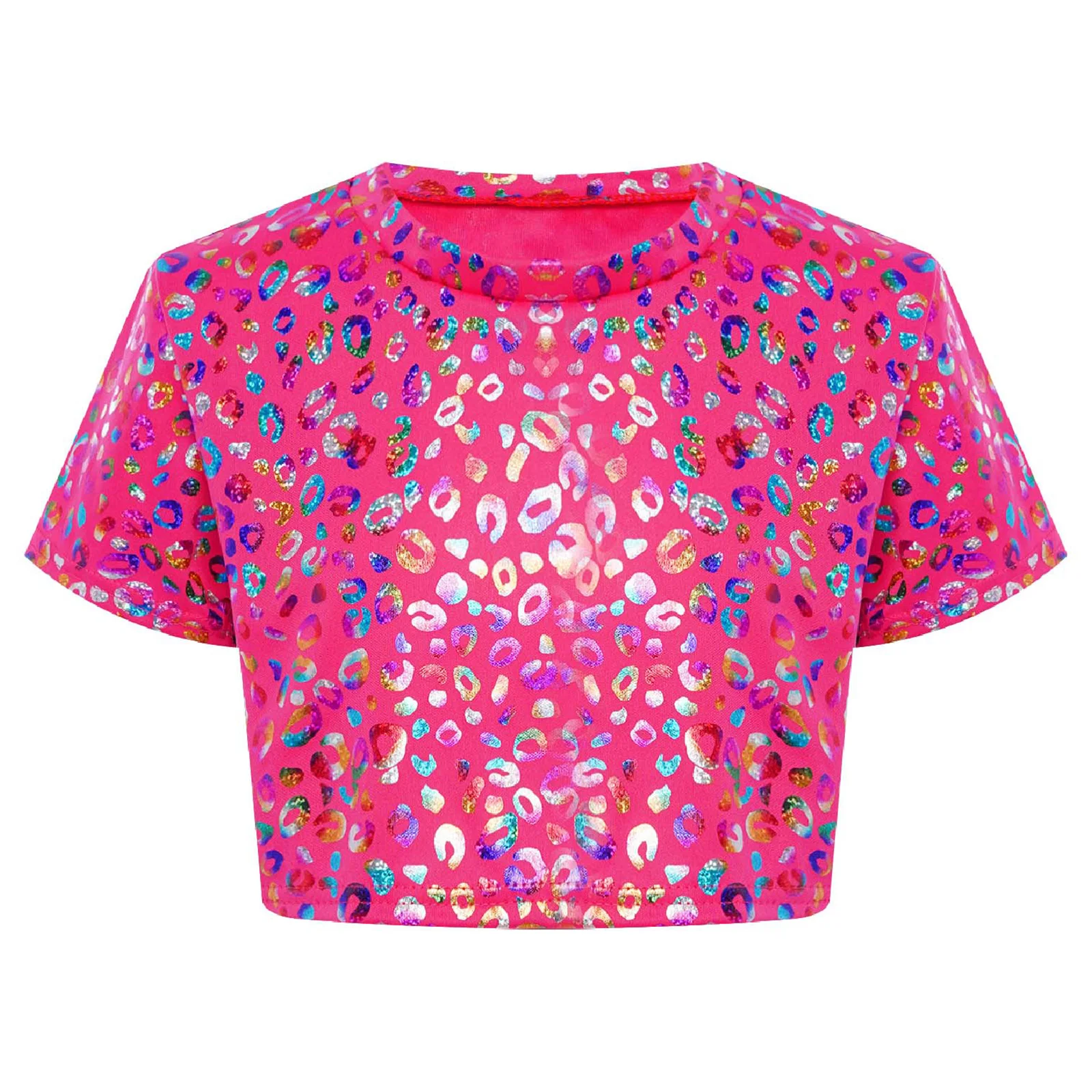 Mode Kinder Mädchen Metallic Rundhals Crop T Top Leopard Print Kurzarm T-shirt Jazz Dance Kostüm Leistung Kleidung
