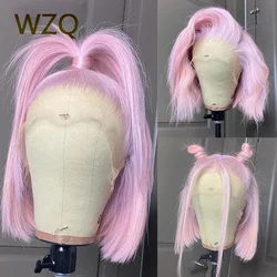 Peluca de cabello humano liso con encaje Frontal, pelo corto Bob, color rosa, verde menta, Rubio, platino, HD, transparente, 613