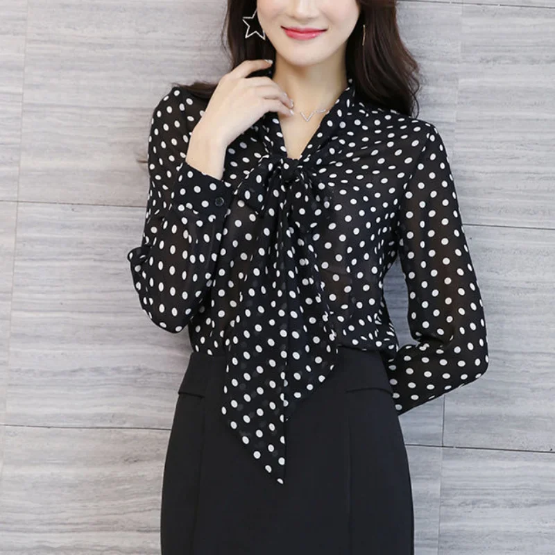 

Spring Summer New Fashion Simple Printed Polka Dot Chiffon Thin Bottomed Shirt Women's Pullover V-Neck Bow Tie Long Sleeved Top