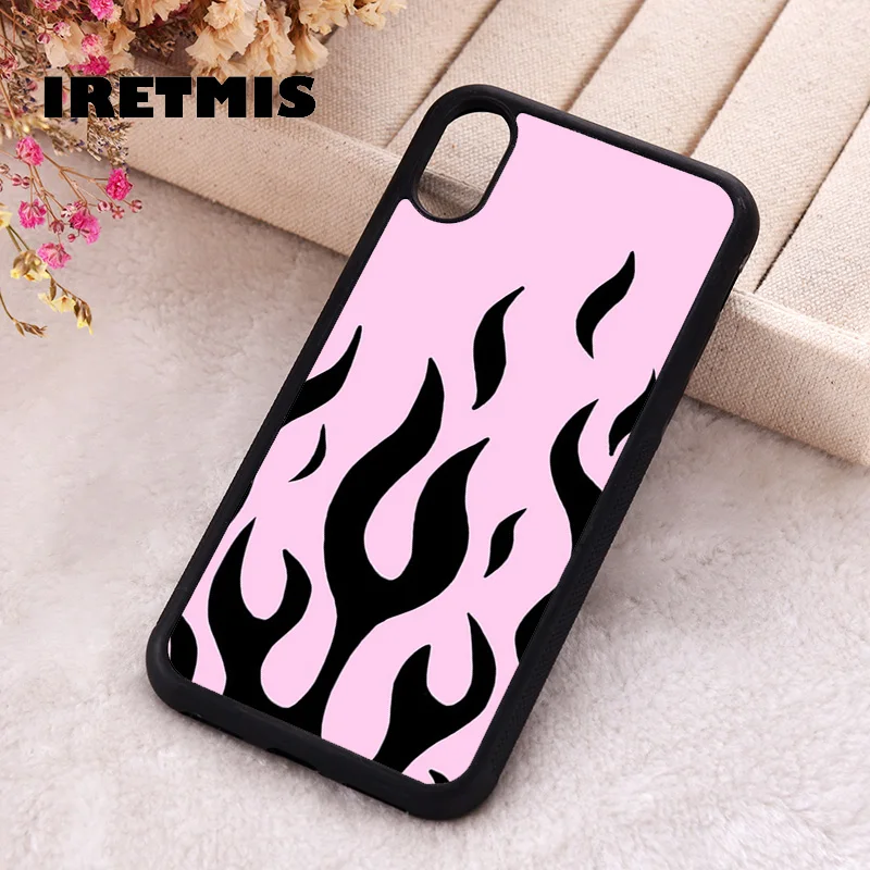 Iretmis Phone Cover Case For iPhone X XS Max XR 11 12 13 PRO MINI 14 15 16 Plus Rubber Silicone black flames [baby pink]